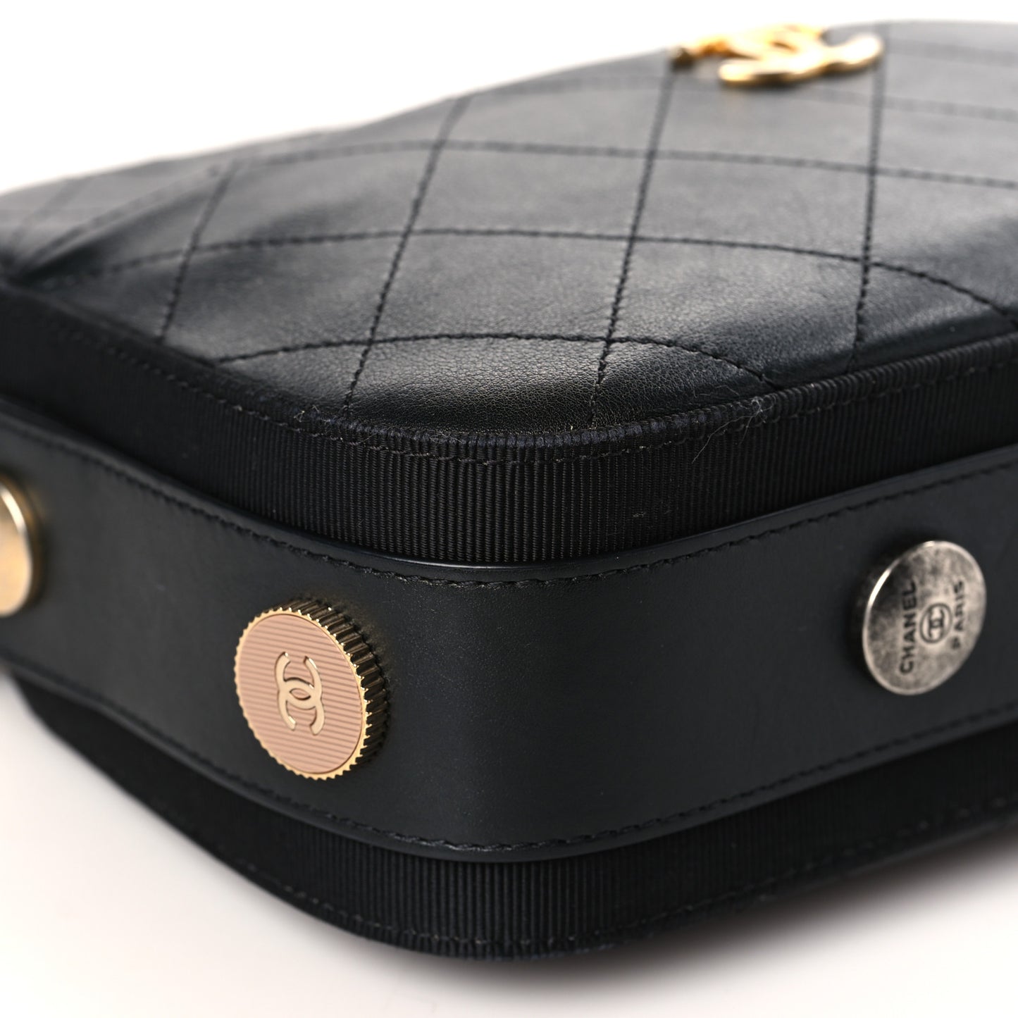 Calfskin Grosgrain Stitched Button Up Camera Case Black