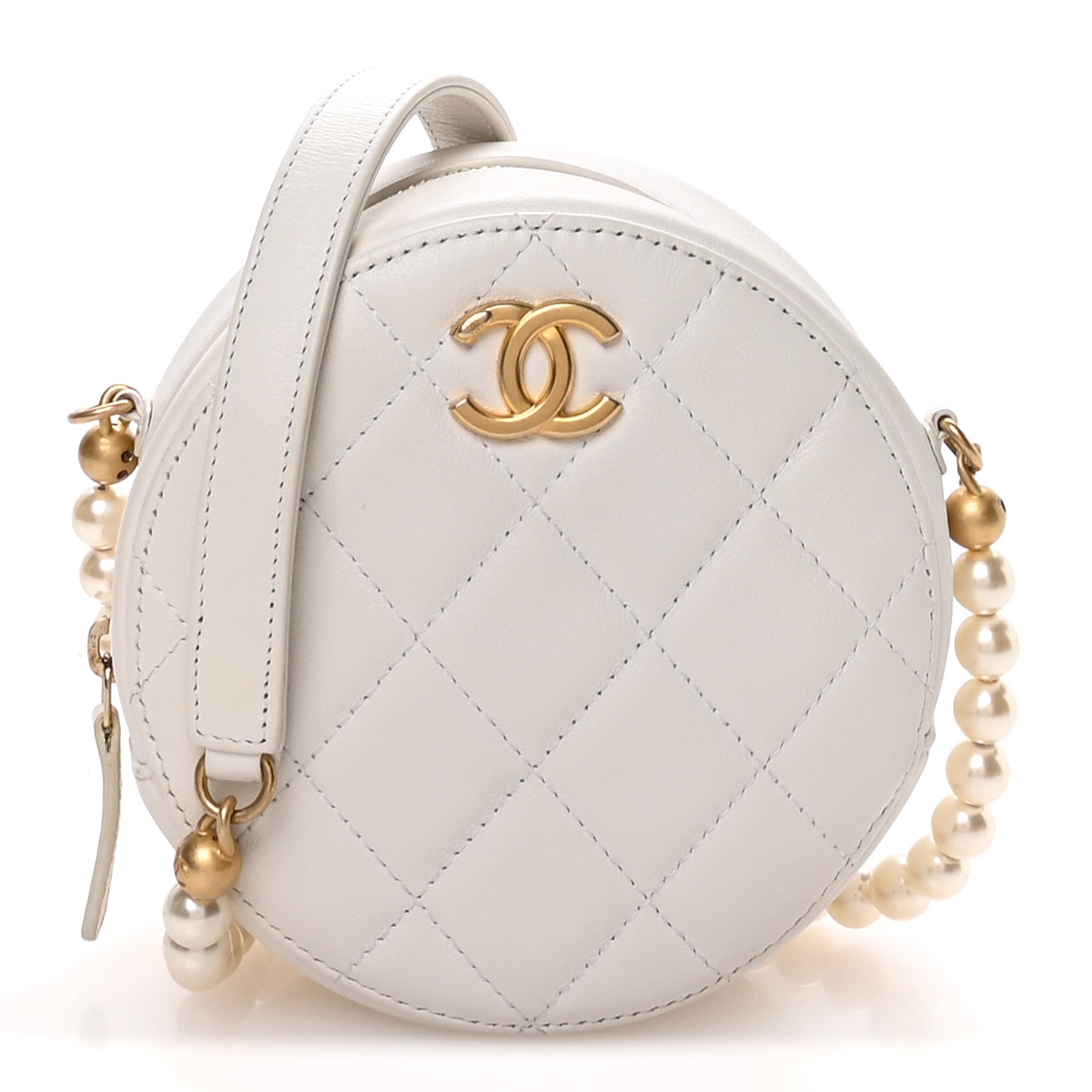Calfskin Quilted Pearl Round Clutch With Chain White