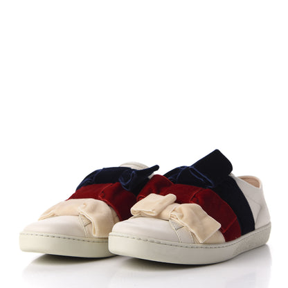 Gucci Calfskin Velvet Womens Bow Ace Sneakers 37.5 White 2 of 14