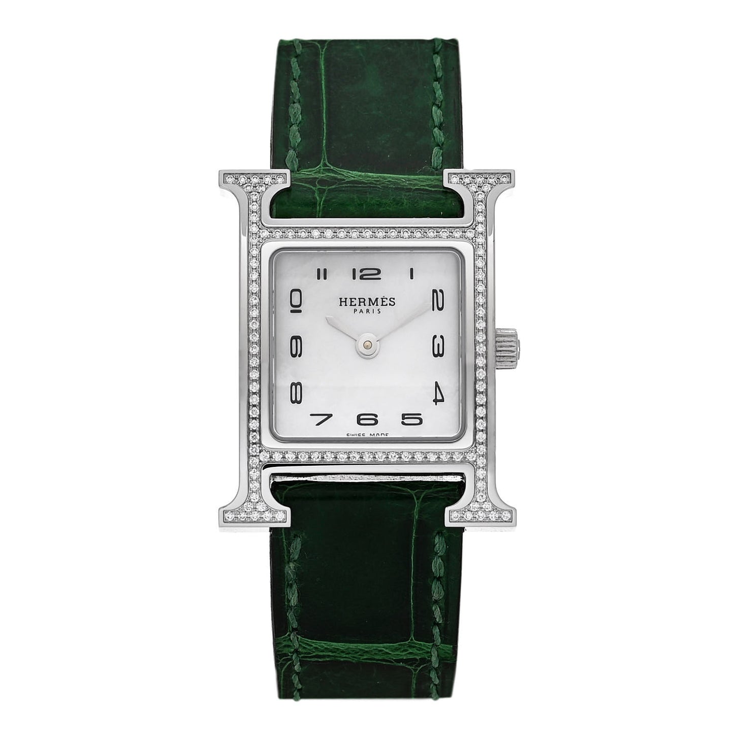 Stainless Steel Alligator Diamond Bezel Mother of Pearl 21mm Heure H Hour Quartz Watch Vert Moyen