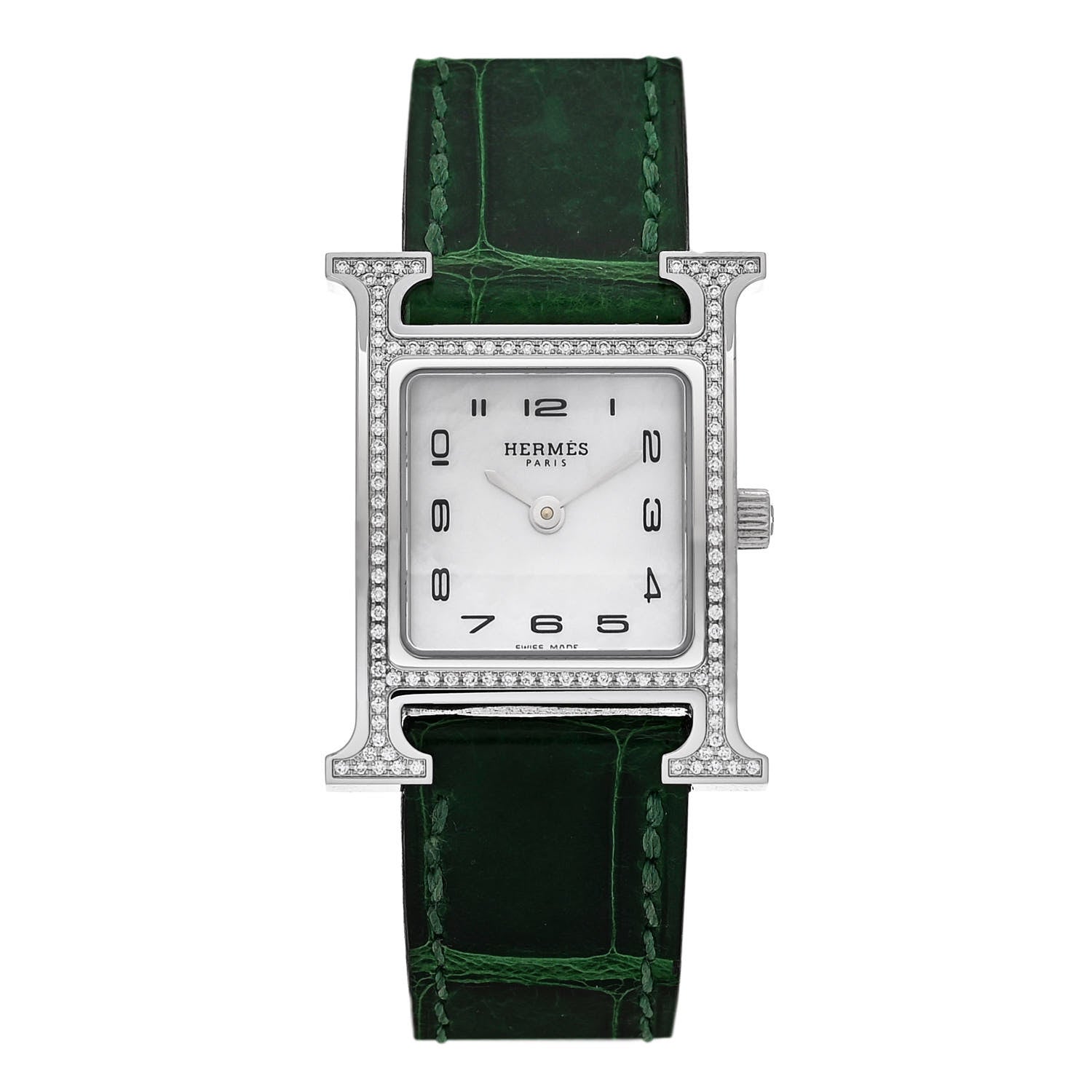 Hermes Stainless Steel Alligator Diamond Bezel Mother of Pearl 21mm Heure H Hour Quartz Watch Vert Moyen 1 of 5