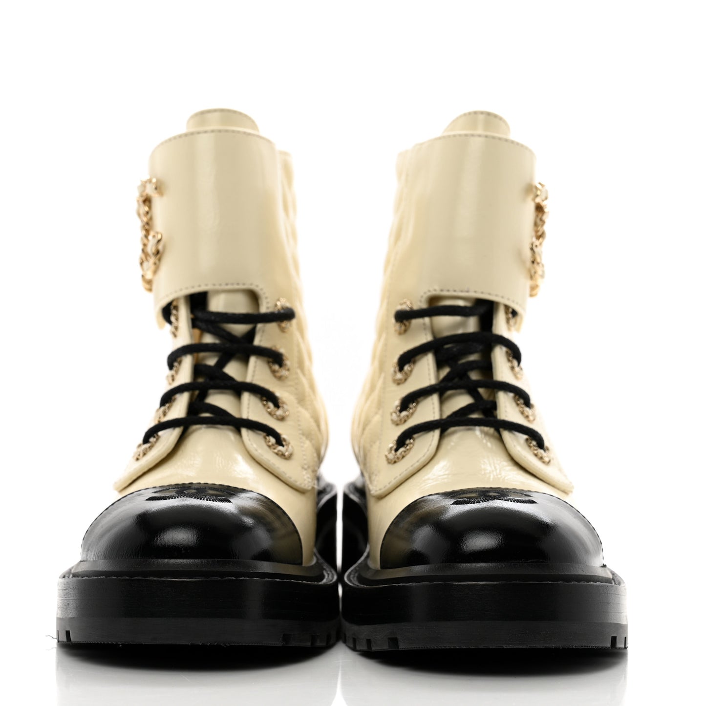 Shiny Lambskin Quilted Lace Up Combat Boots 37.5 White Black
