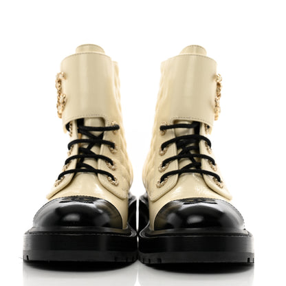 Chanel Shiny Lambskin Quilted Lace Up Combat Boots 37.5 White Black 3 of 11
