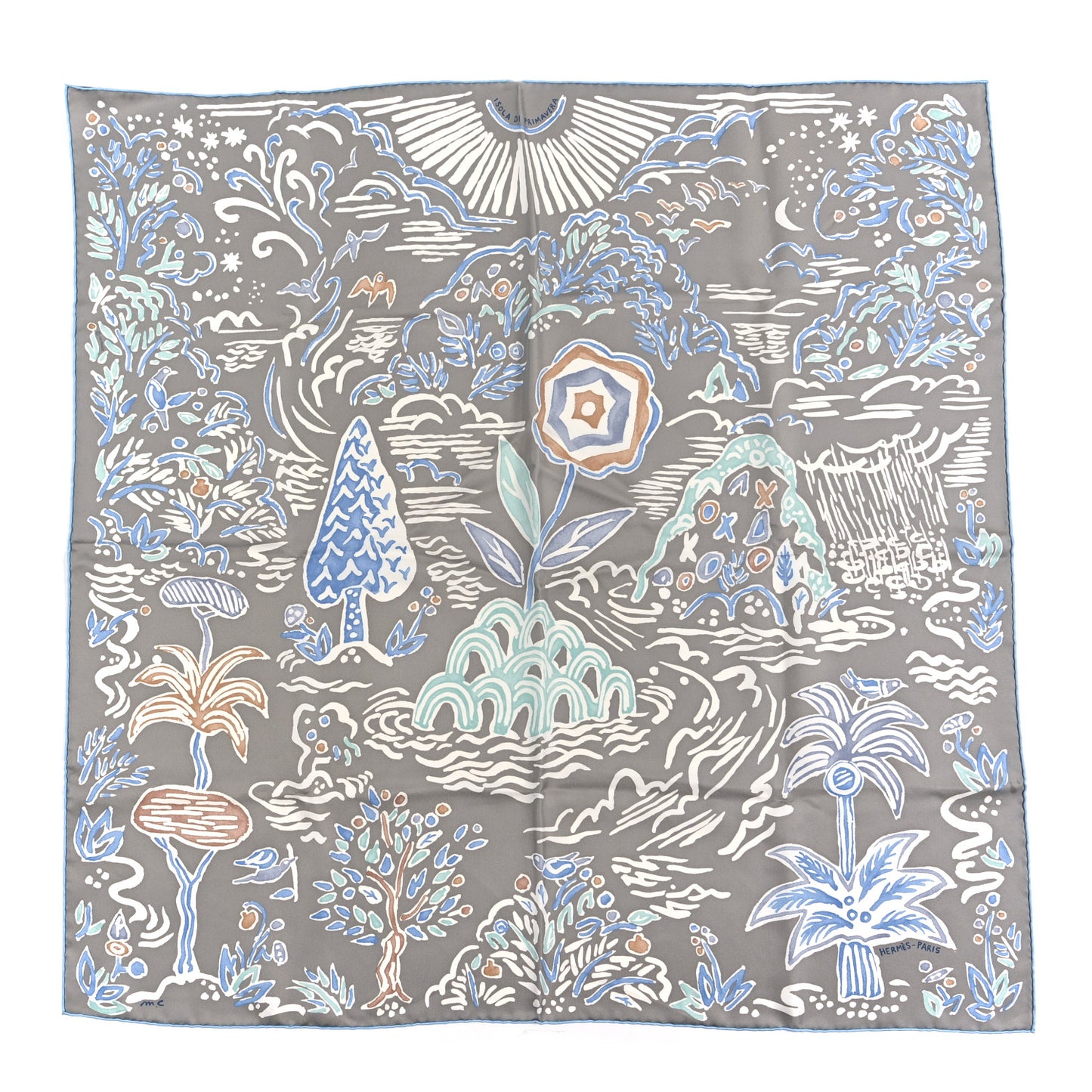 Silk Isola Di Primavera Scarf 90 Gris Clair Bleu Paradis
