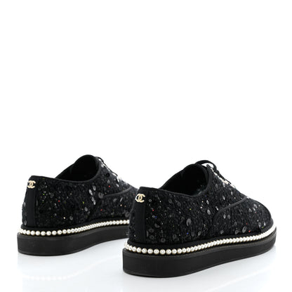 Chanel Tweed Grosgrain Sequin Pearl Lace Up Sneakers 39 Black 4 of 10