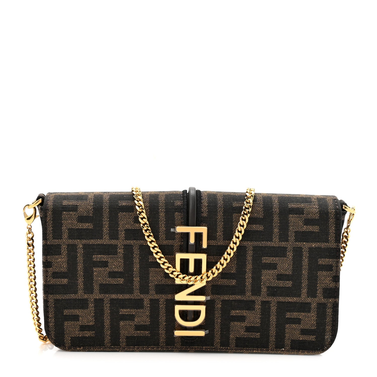 Fendi Fabric Jacquard Vitello Grace FF 1974 Fendigraphy Wallet On Chain Tobacco Moro Ebano 1 of 14