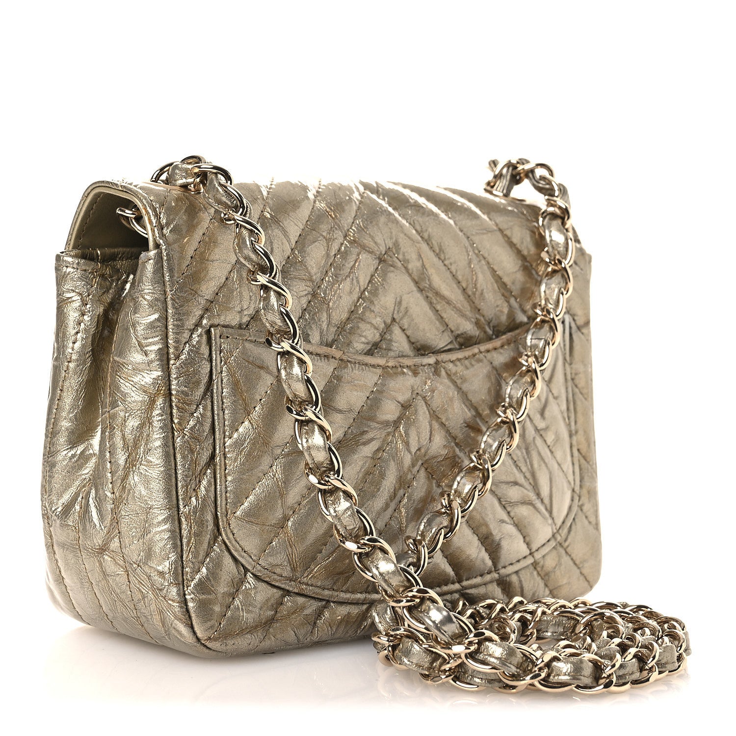 Chanel Metallic Crumpled Calfskin Chevron Quilted Mini Square Flap Gold 2 of 12