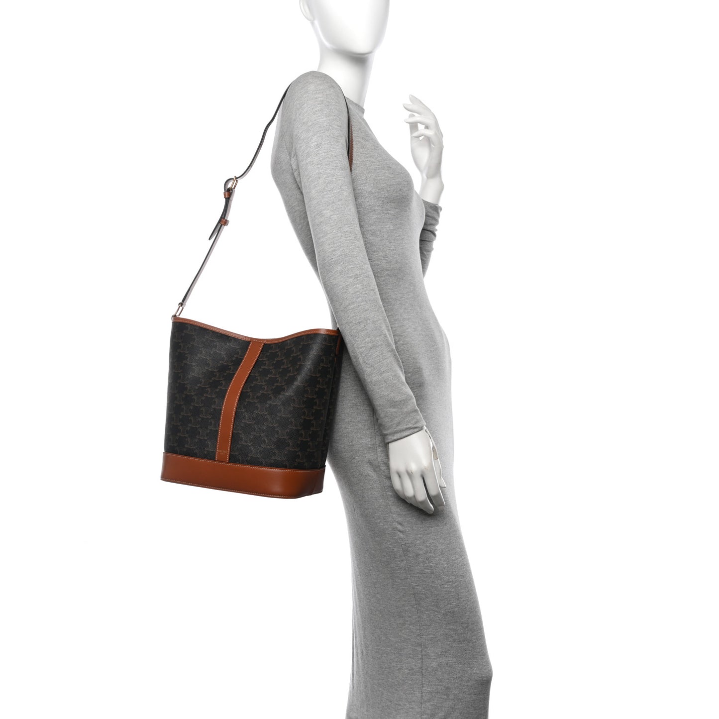 Triomphe Canvas Calfskin Medium Bucket Bag Tan