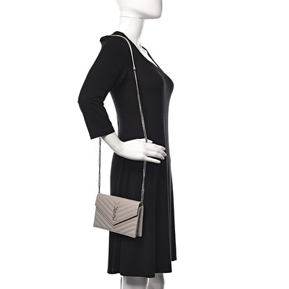 Saint Laurent Grain De Poudre Matelasse Chevron Monogram Envelope Chain Wallet Fog 2 of 14
