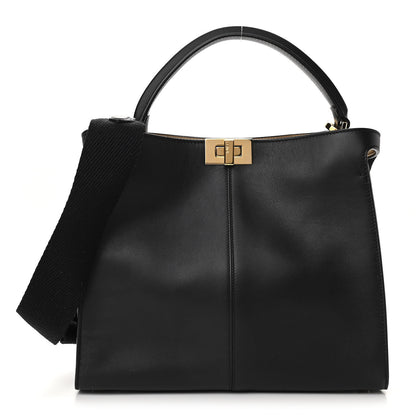Fendi Vitello Seta Glazed Fabric FF 1974 Medium Peekaboo X-Lite Black Mogano Panna 1 of 9