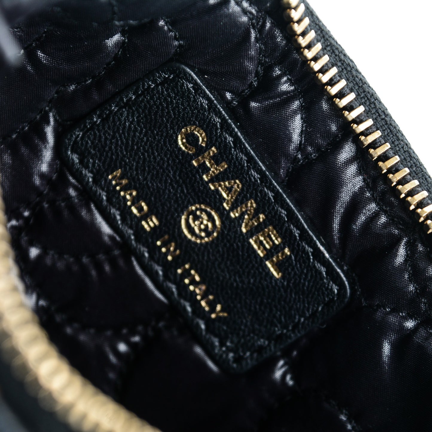 Lambskin Camellia Embossed Cosmetic Pouch Black Gold