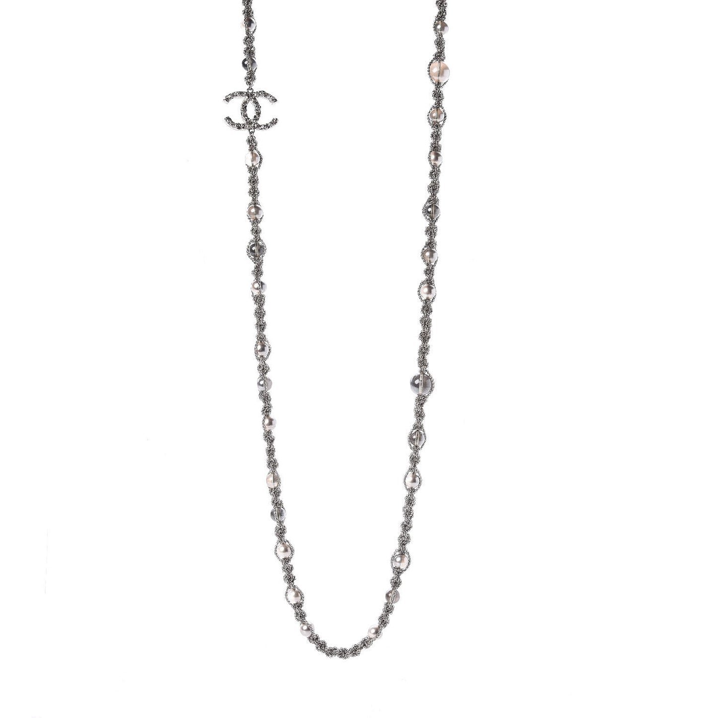 Crystal Pearl Bead Chain CC Long Necklace Ruthenium