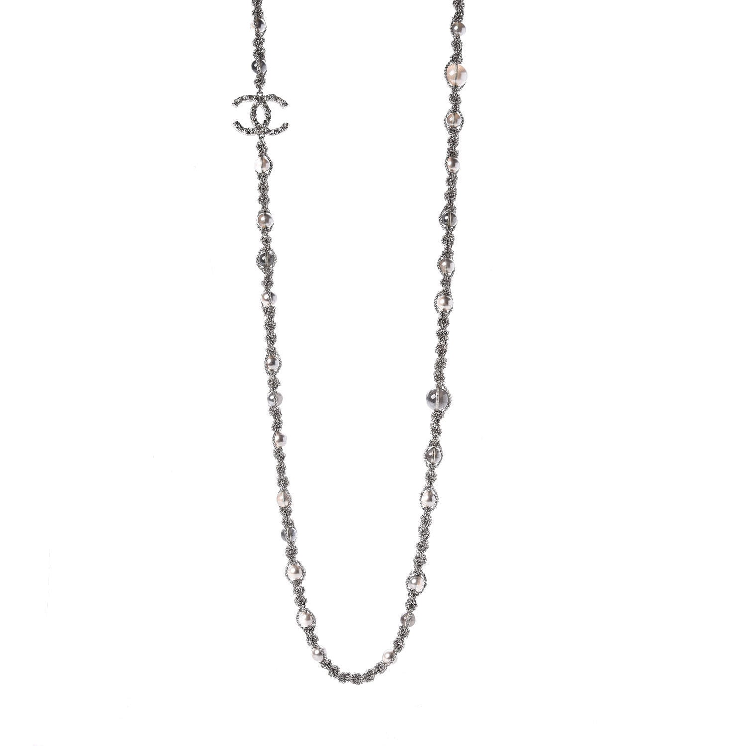 Chanel Crystal Pearl Bead Chain CC Long Necklace Ruthenium 1 of 6