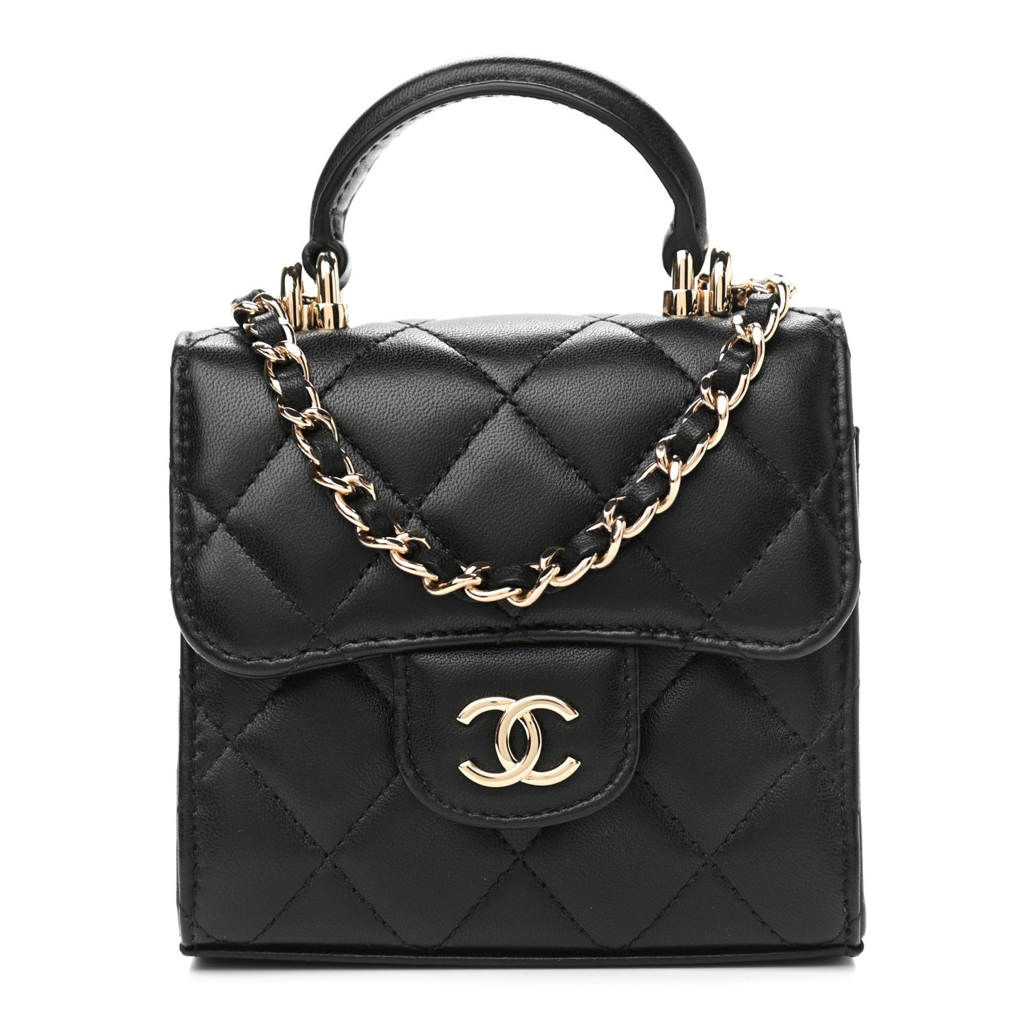 Lambskin Quilted Top Handle Flap Clutch With Chain Black