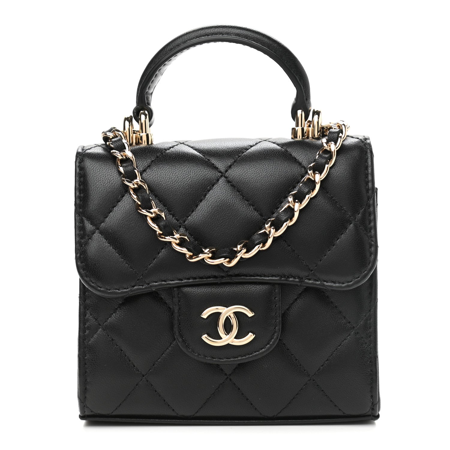 Chanel Lambskin Quilted Top Handle Flap Clutch With Chain Black 1 of 12