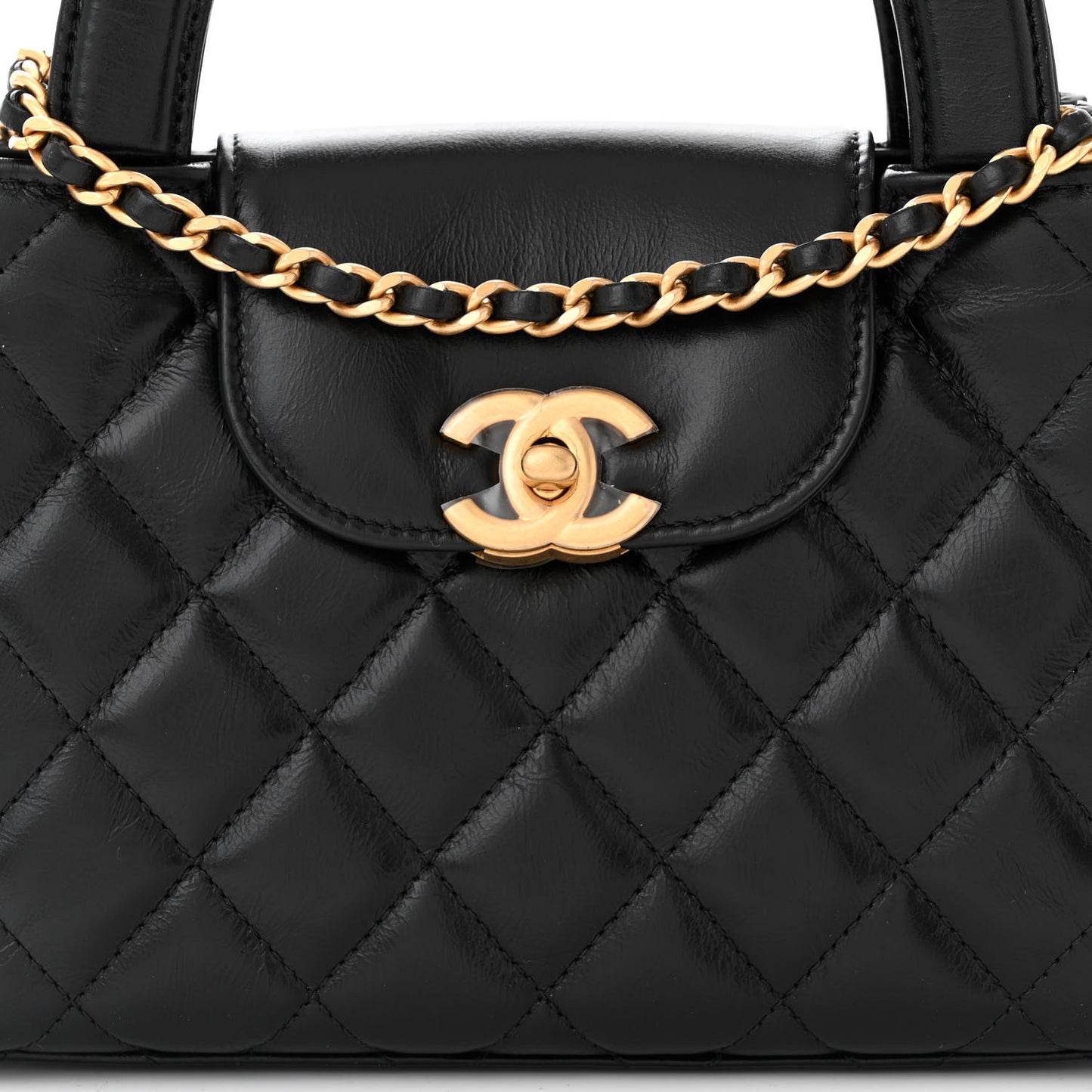 Shiny Aged Calfskin Quilted Nano Kelly Shopper Black