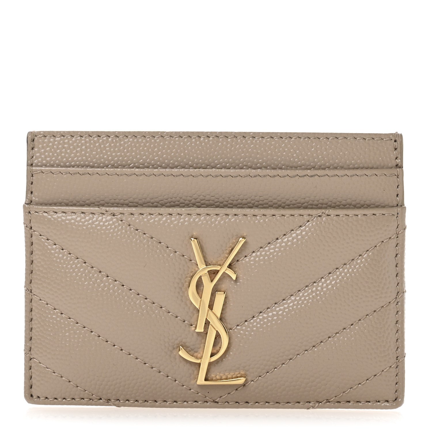 Saint Laurent Grain De Poudre Matelasse Chevron Monogram Credit Card Case Dark Beige 1 of 8