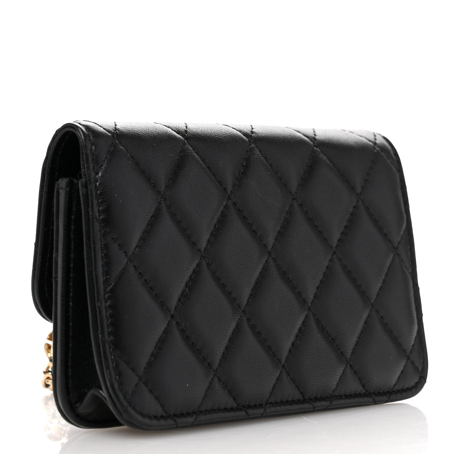 Lambskin Quilted Flap Card Holder With Cuff L Black