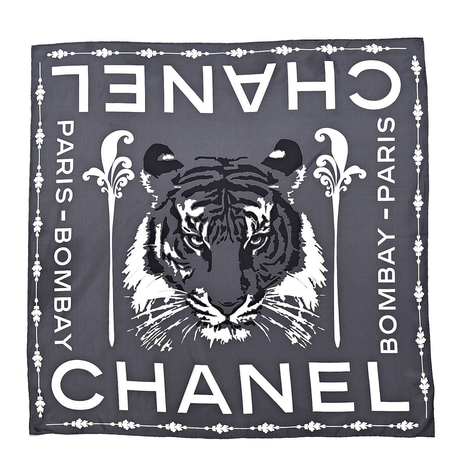 Chanel Silk Tiger Paris Bombay Stole Black White 1 of 3