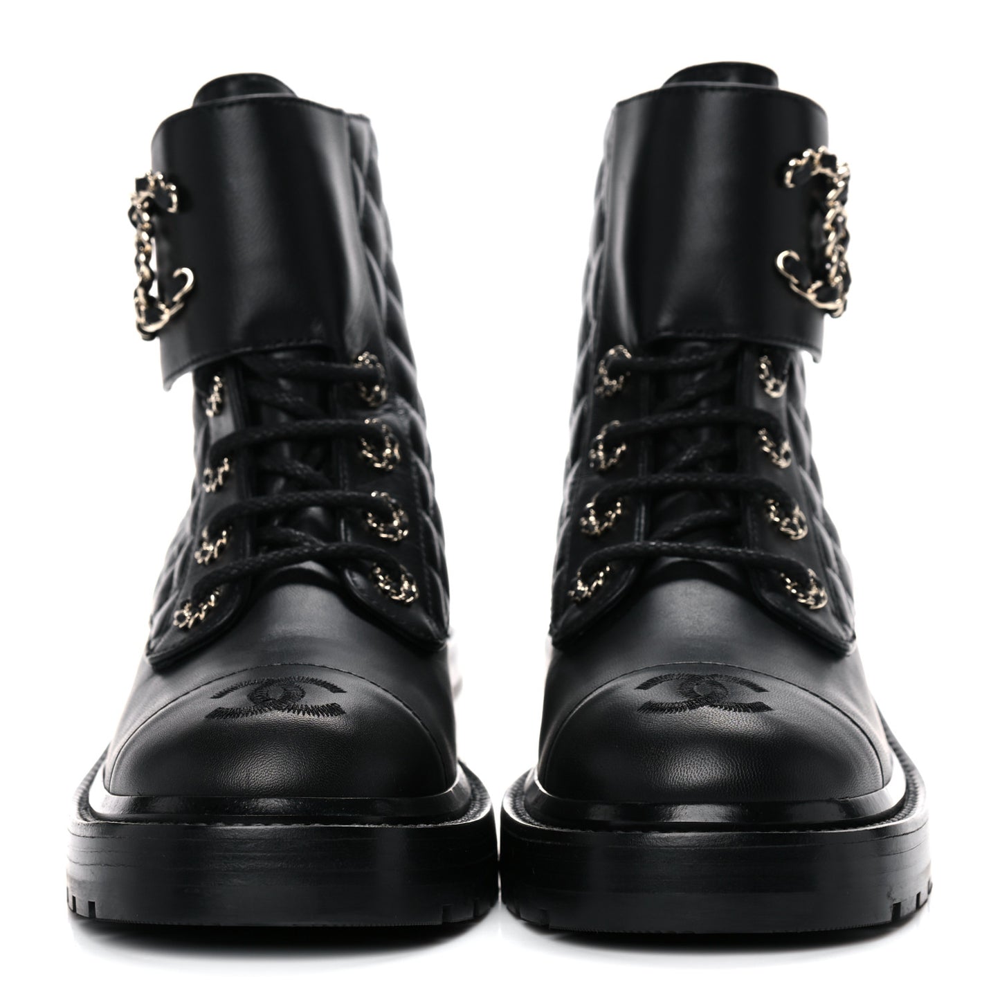 Shiny Lambskin Quilted Lace Up Combat Boots 36.5 Black