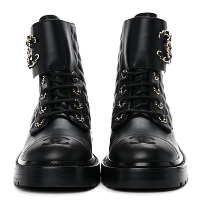 Chanel Shiny Lambskin Quilted Lace Up Combat Boots 36.5 Black 2 of 9