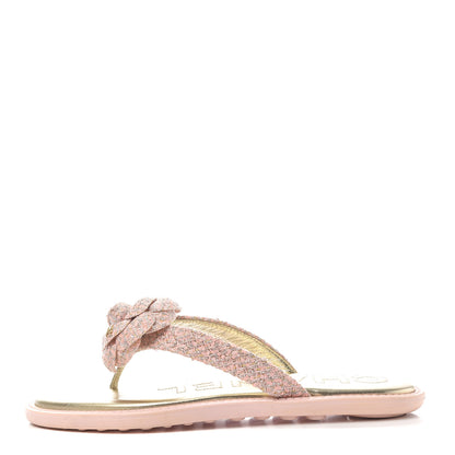 Chanel Tweed Quilted Camellia Thong Sandals 36 Salmon Apricot Gold 1 of 10