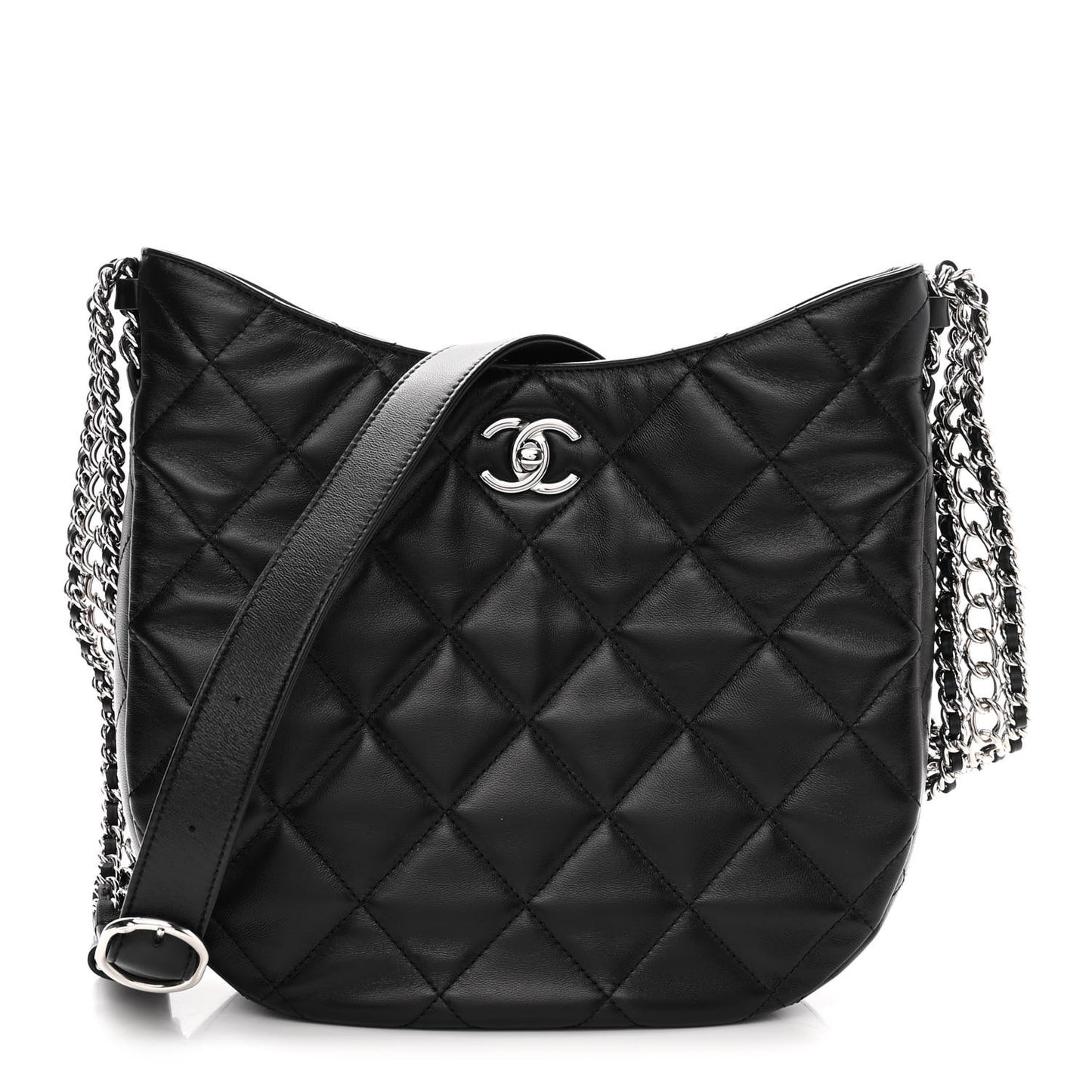 Lambskin Chain Rows Quilted Chain Hobo Black