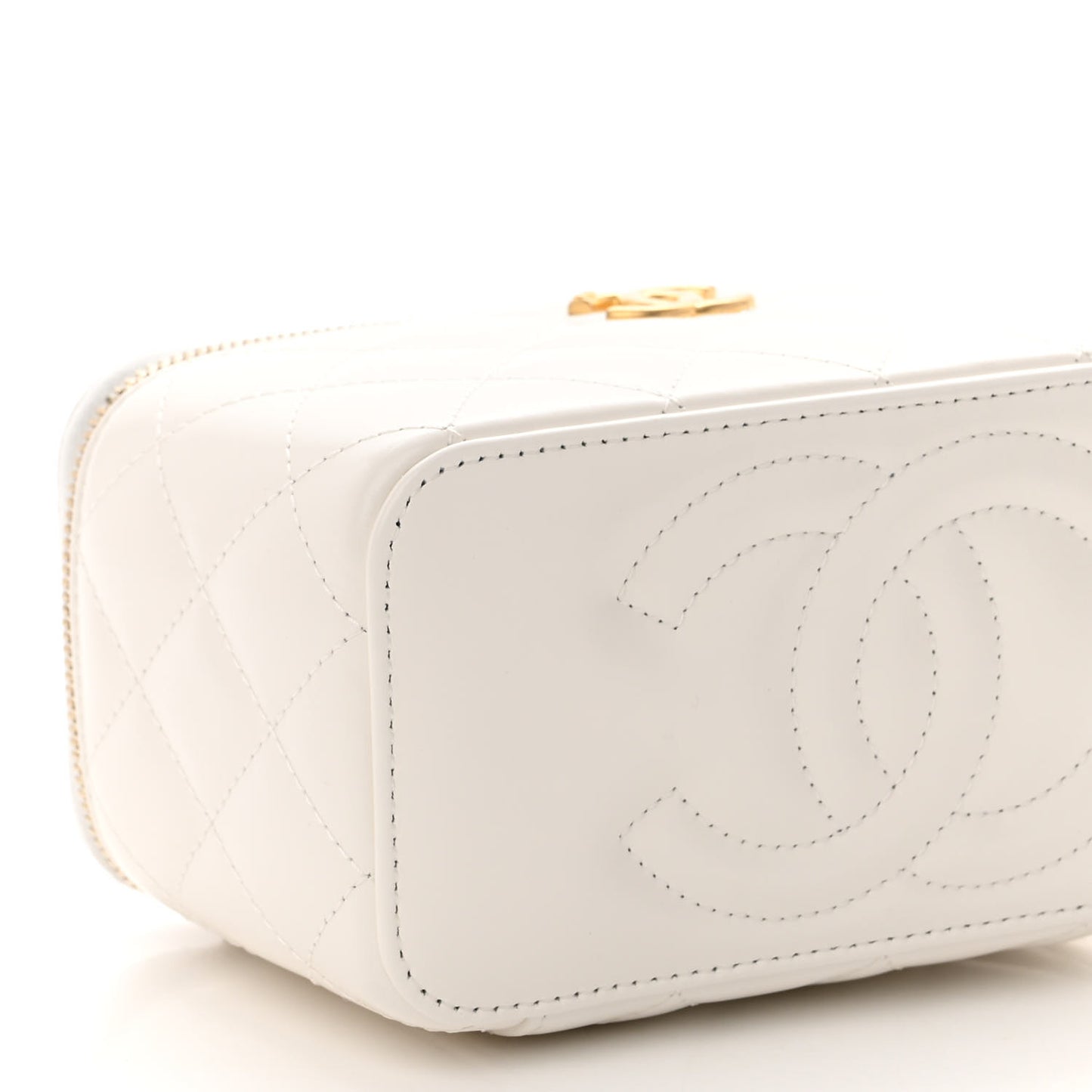 Shiny Calfskin Quilted Small Top Handle Vanity Case With Chain White