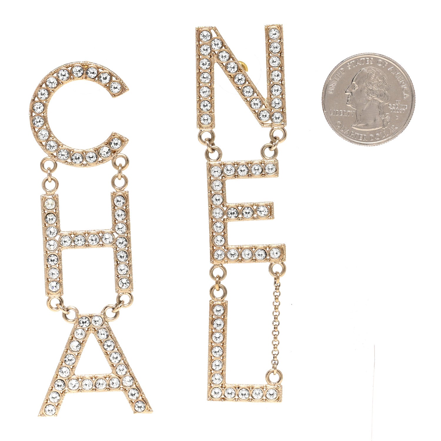 Chanel Crystal Cha-Nel Logo Drop Earrings Gold 2 of 4