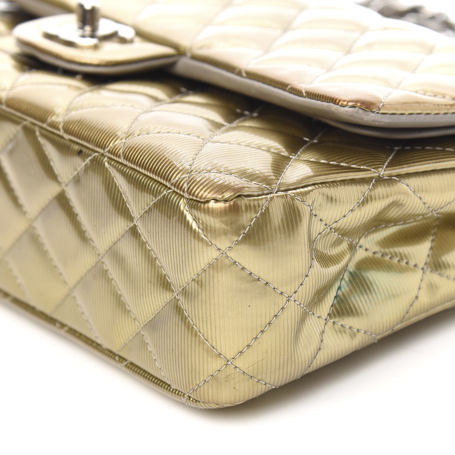 Chanel Striated Patent Quilted Medium Double Flap Gold 13 of 15