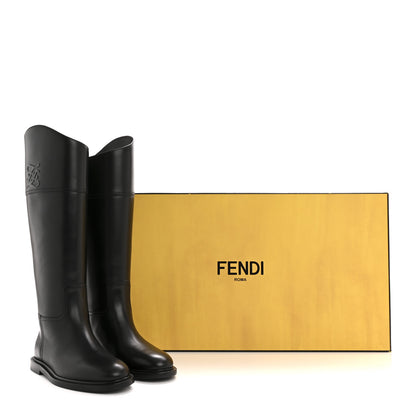 Fendi Vitello Karligraphy Embossed Tall Riding Boots 36 Black 8 of 8