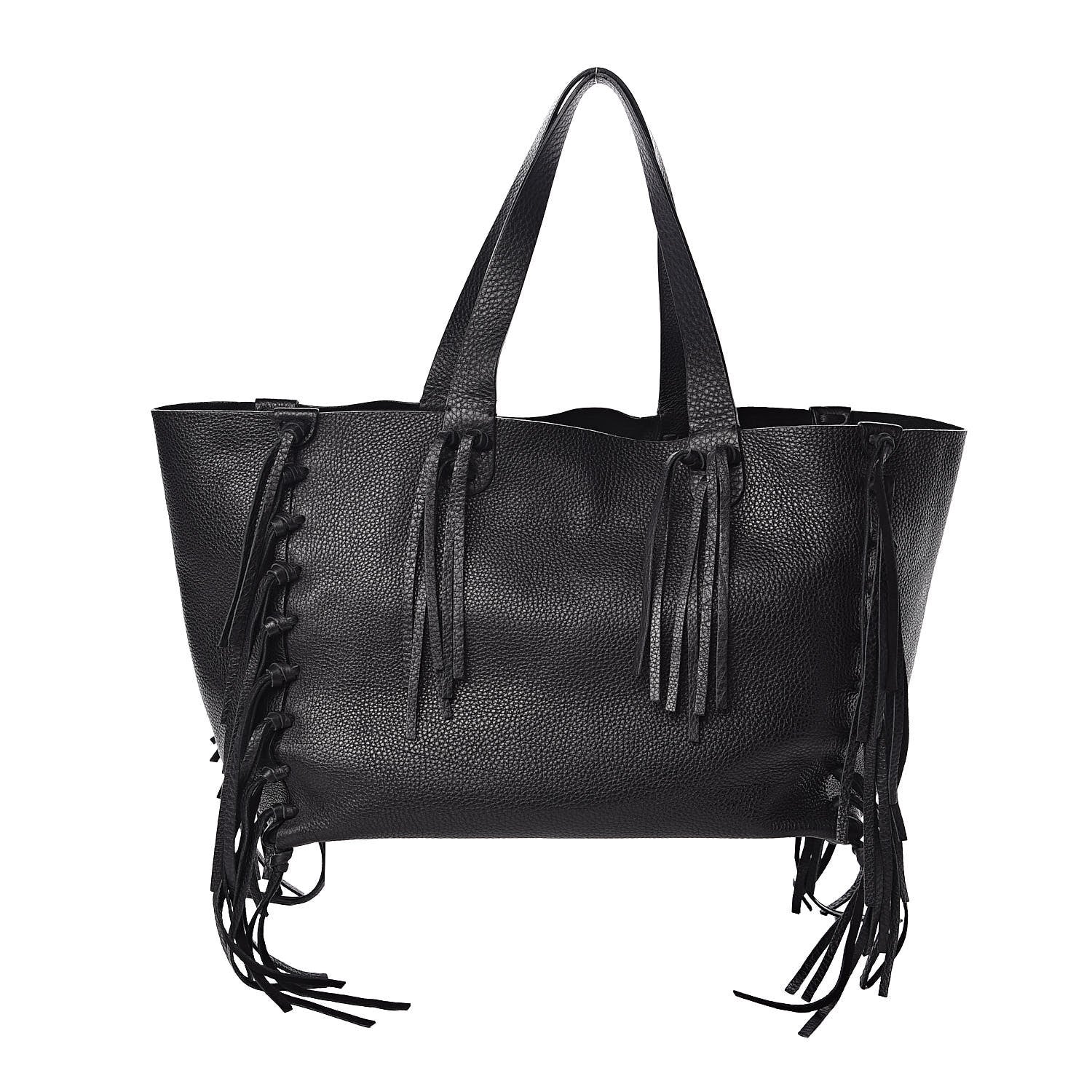 Valentino Garavani Grained Calfskin C-Rockee Fringe Tote Black 1 of 10