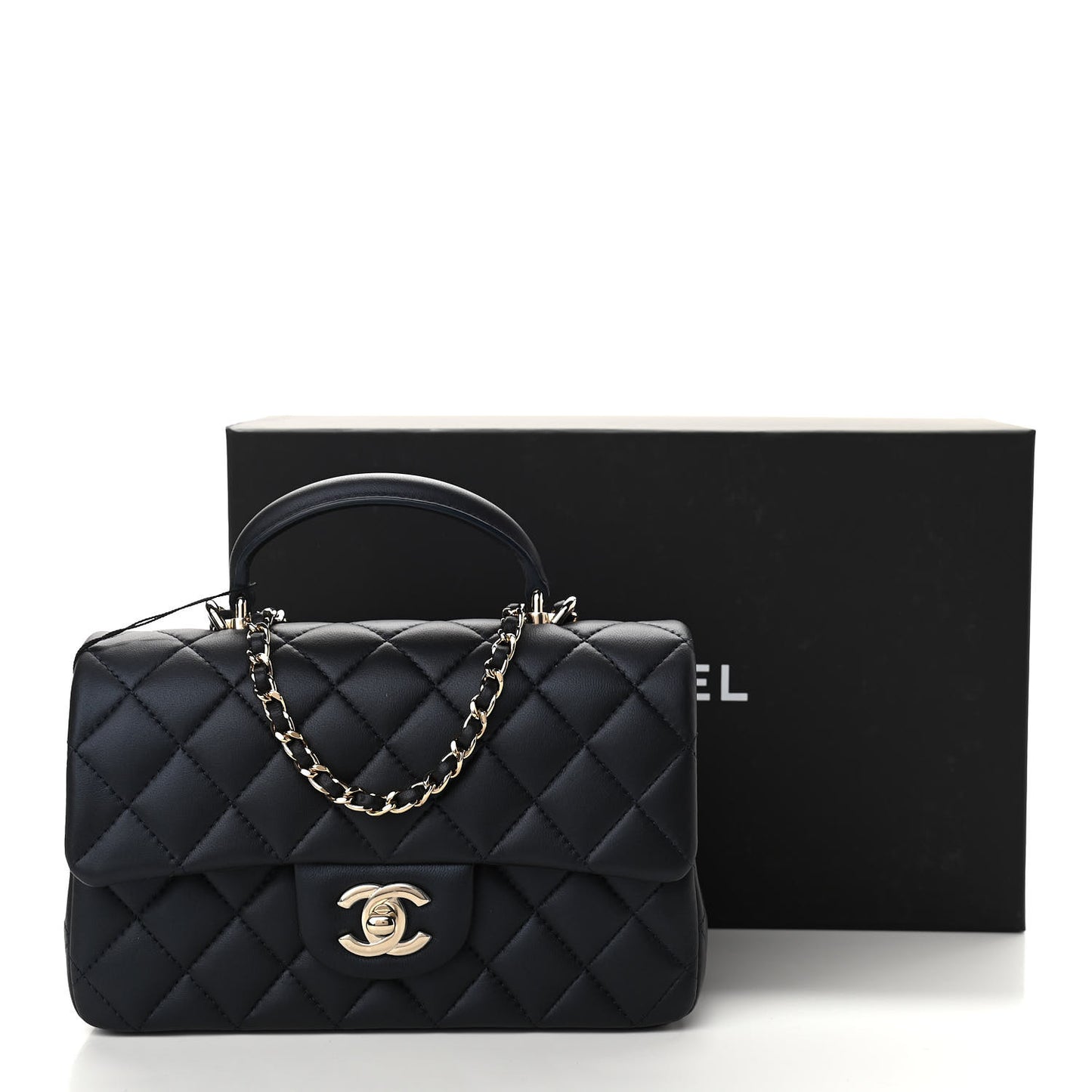 Lambskin Quilted Mini Top Handle Rectangular Flap Navy Blue