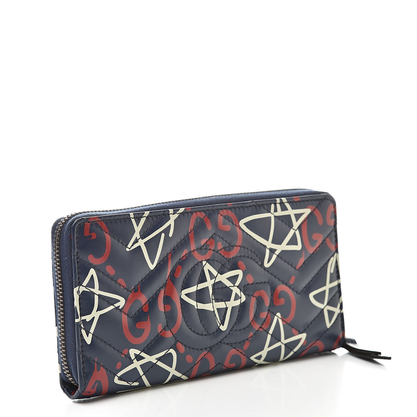 Calfskin Matelasse GucciGhost GG Marmont Zip Around Wallet Blue Agata Hibiscus Red