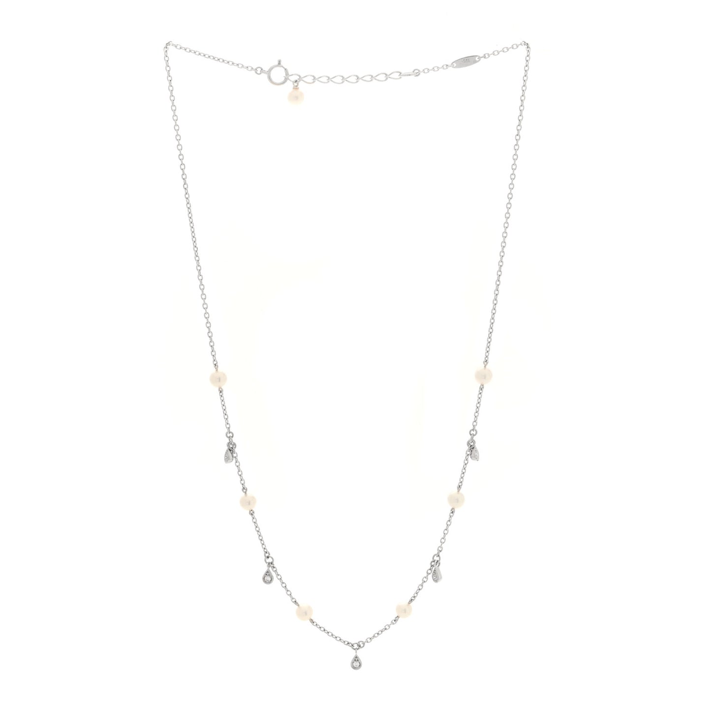 18K White Gold Diamond Akoya Cultured Pearl 4.5-5mm Teardrop Necklace