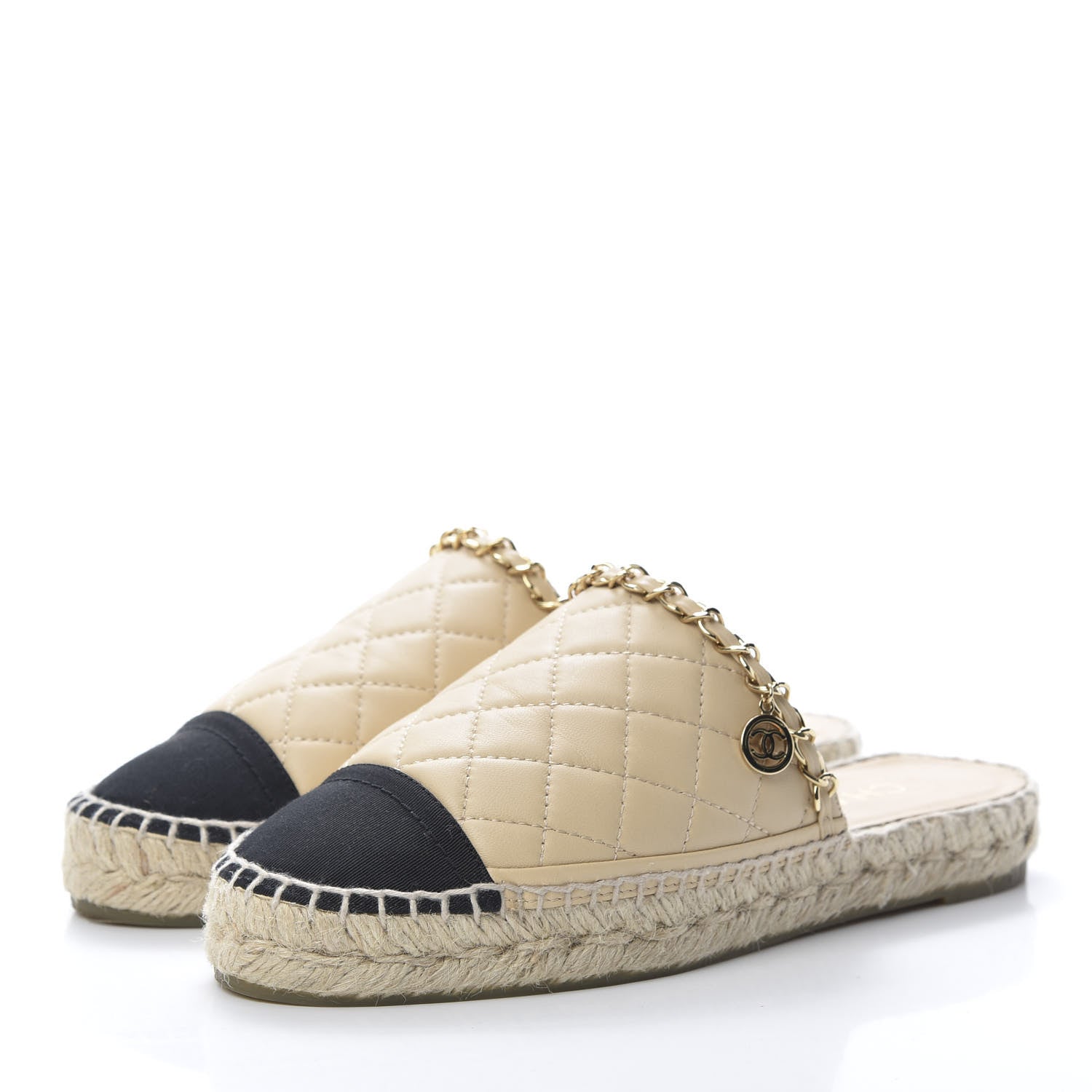 Chanel Lambskin Grosgrain Quilted CC Chain Espadrille Mules 35 Beige Black 3 of 12