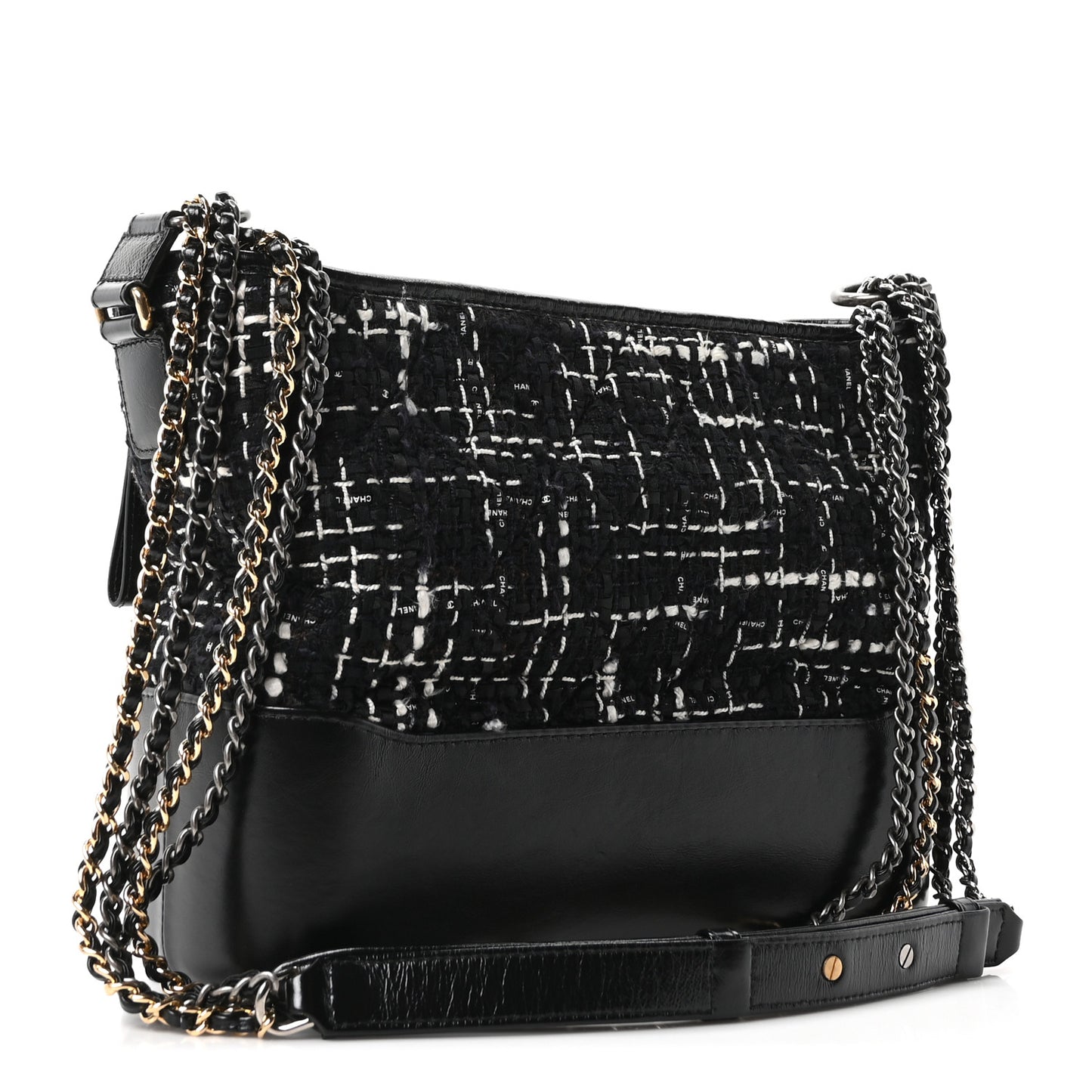 Tweed Calfskin Quilted Medium Gabrielle Hobo Black White