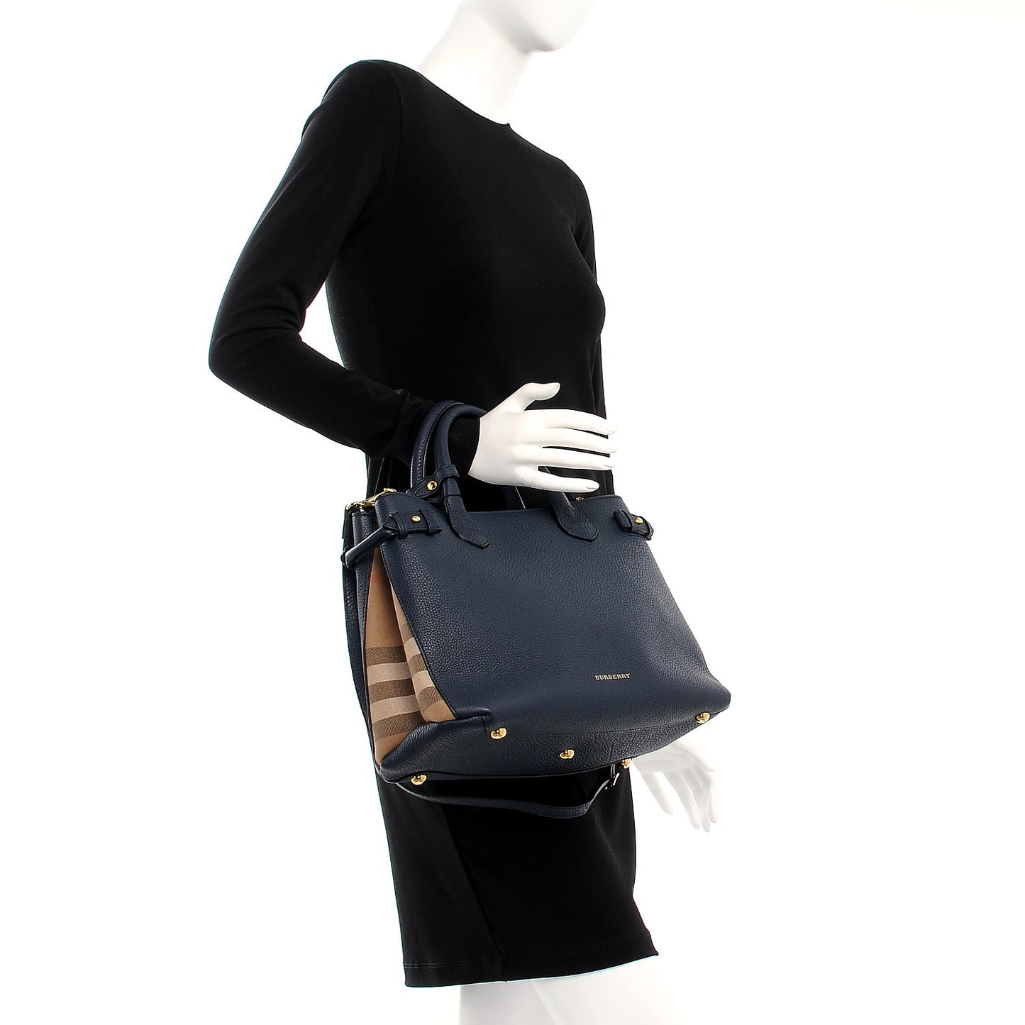 Grainy Calfskin House Check Medium Banner Tote Midnight Blue