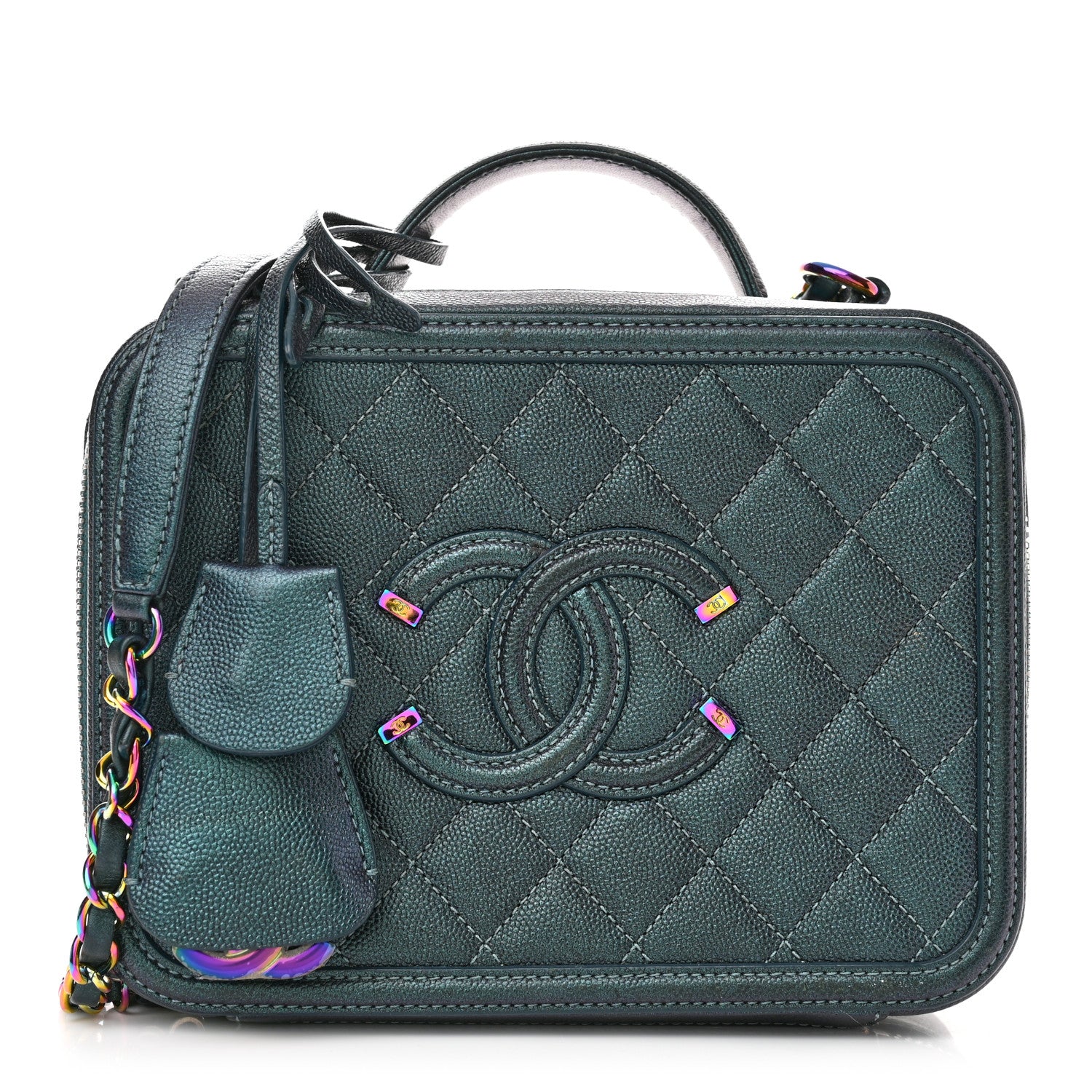 Chanel Iridescent Caviar Quilted Medium CC Filigree Vanity Case Dark Turquoise 1 of 13