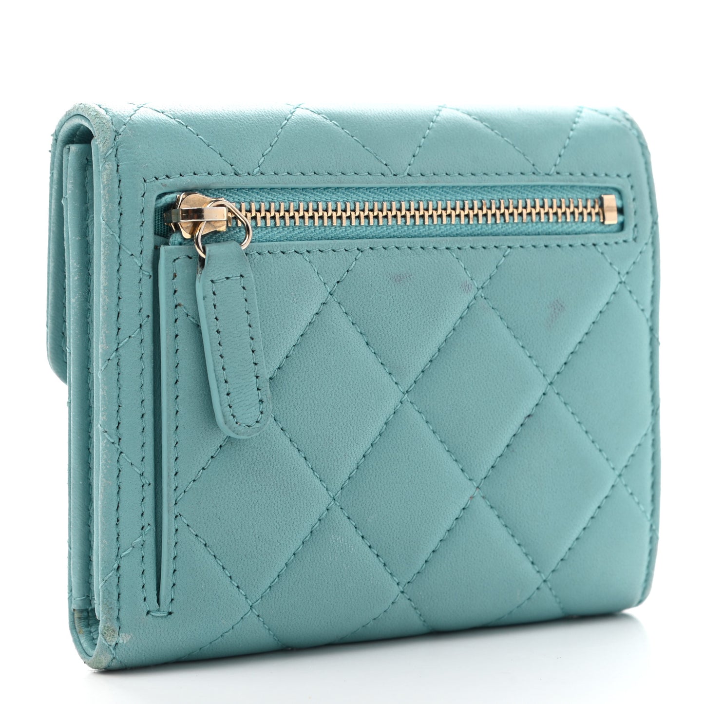 Lambskin Quilted Compact Flap Wallet Light Blue