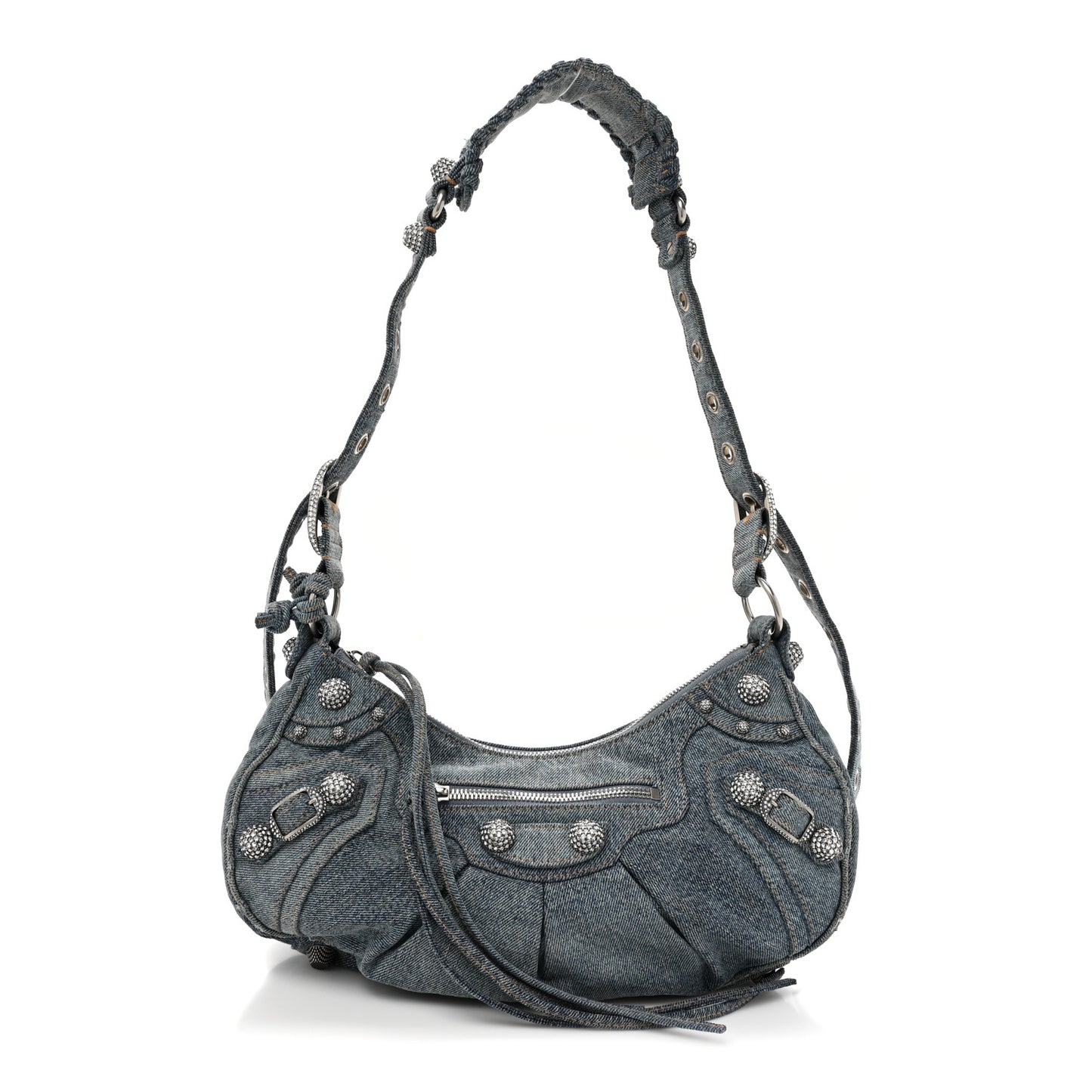 Washed Frayed Denim Crystal Small Le Cagole Shoulder Bag Blue