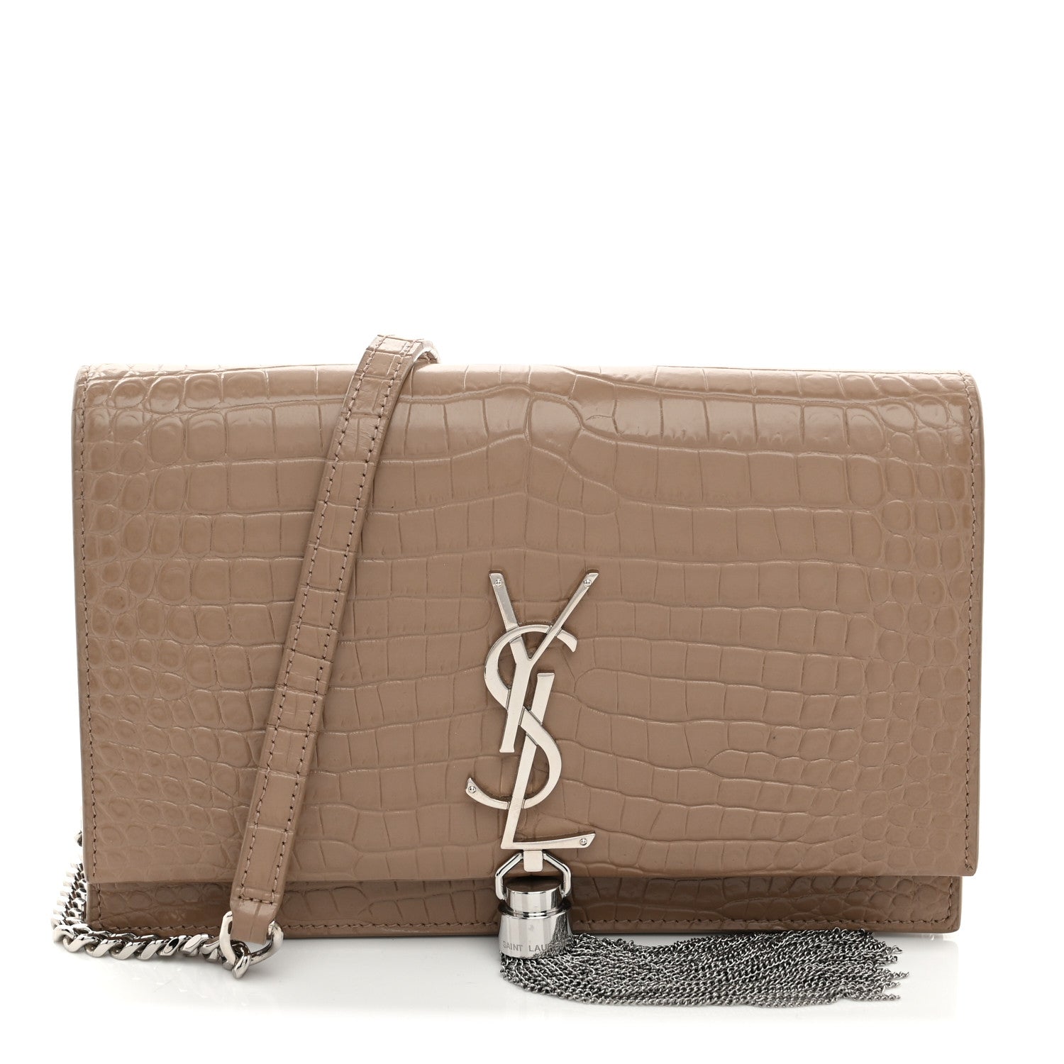 Saint Laurent Calfskin Crocodile Embossed Kate Monogram Tassel Chain Wallet  Dark Beige 1 of 10