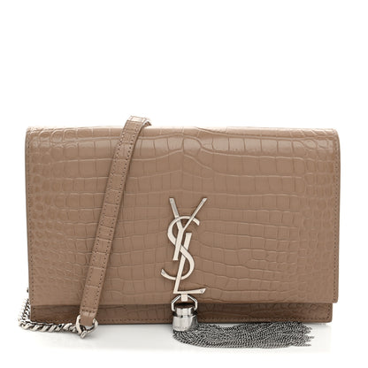 Saint Laurent Calfskin Crocodile Embossed Kate Monogram Tassel Chain Wallet  Dark Beige 1 of 10
