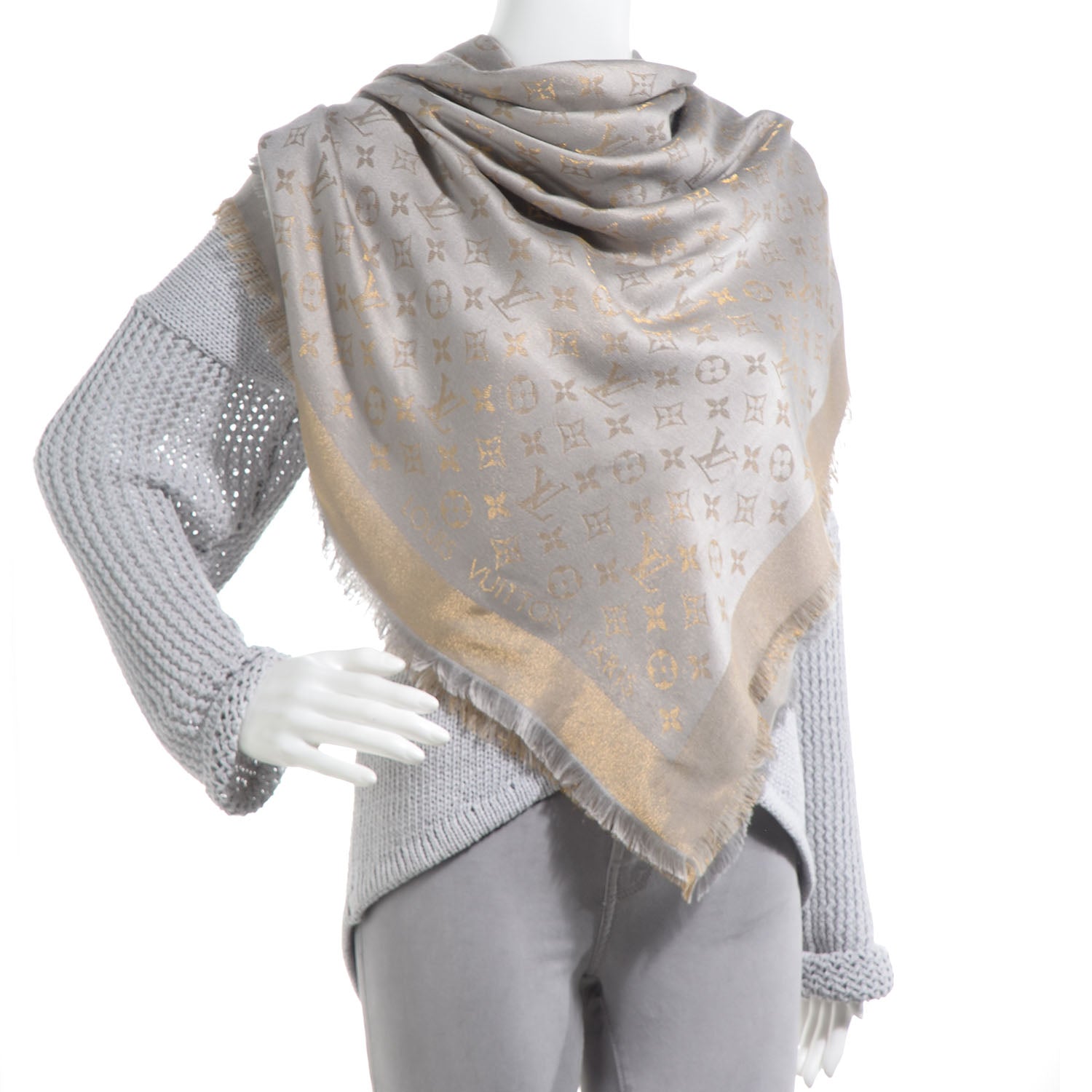 Louis Vuitton Silk Lurex Wool Monogram Shine Shawl Beige 2 of 5