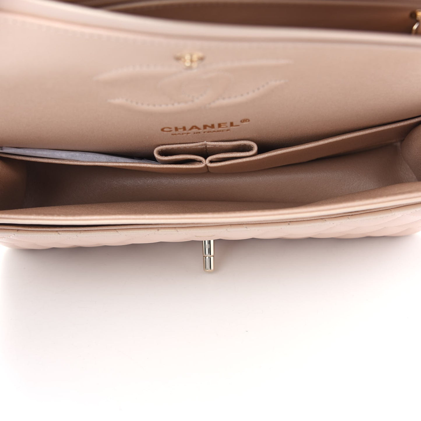 Iridescent Calfskin Quilted Medium Double Flap Beige
