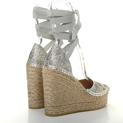 Gucci Lame GG Monogram Ankle Wrap Platform Espadrille Wedges 36.5 Silver Beige Light Grey 4 of 9