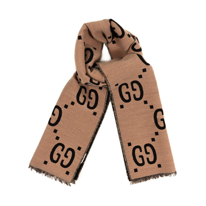 Gucci Wool Silk Monogram Jumbo GG Freedom Scarf Dark Brown Beige 1 of 3