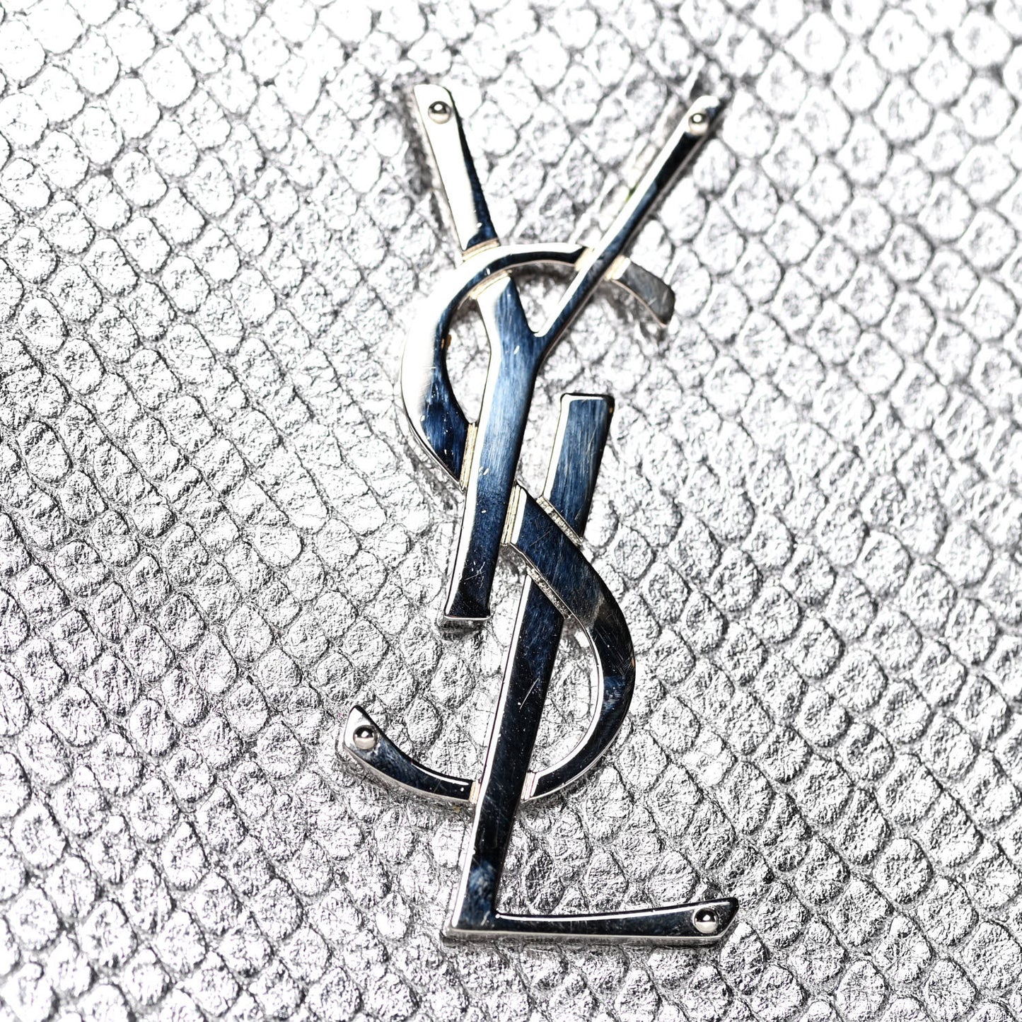 Metallic Calfskin Python Embossed Monogram Chain Wallet Silver