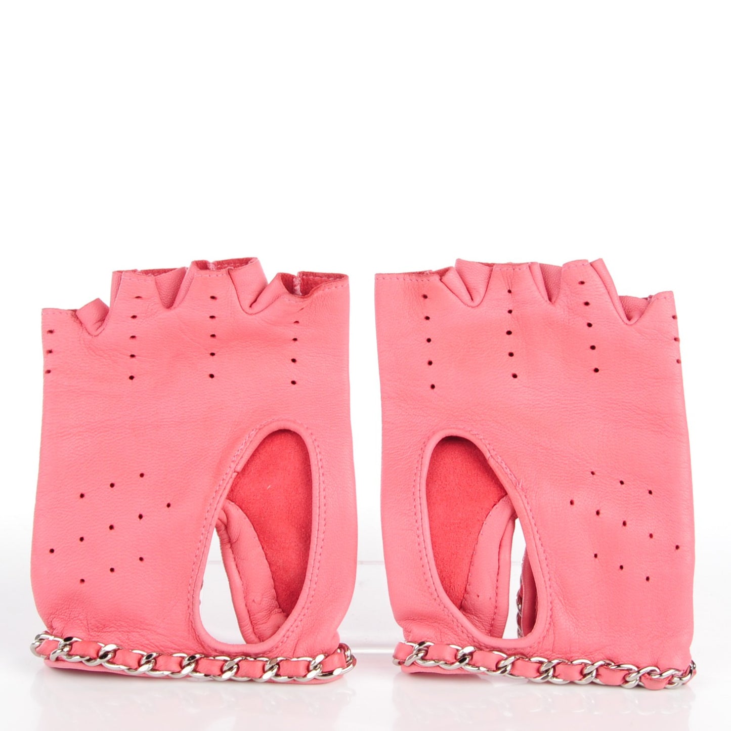 Lambskin Chain CC Fingerless Gloves 7.5 Pink