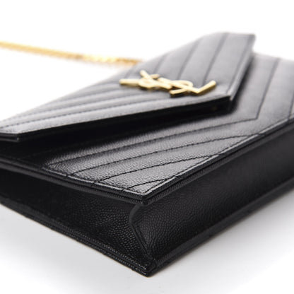 Saint Laurent Grain De Poudre Matelasse Chevron Monogram Envelope Chain Wallet Black 6 of 10